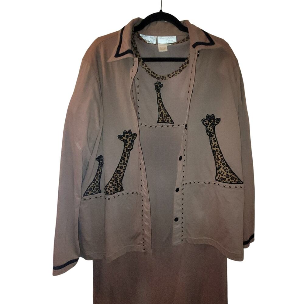 Vtg Safari Embroidered Maxi Brown Dress With Cardigan Womens Giraffe Cotton M